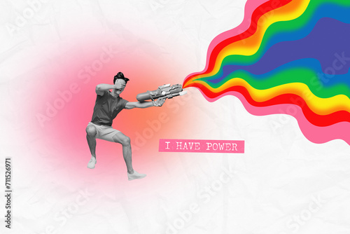 Poster collage image of funky crazy cheerful man i have power laser gun multicolor rainbow isolated on colorful background