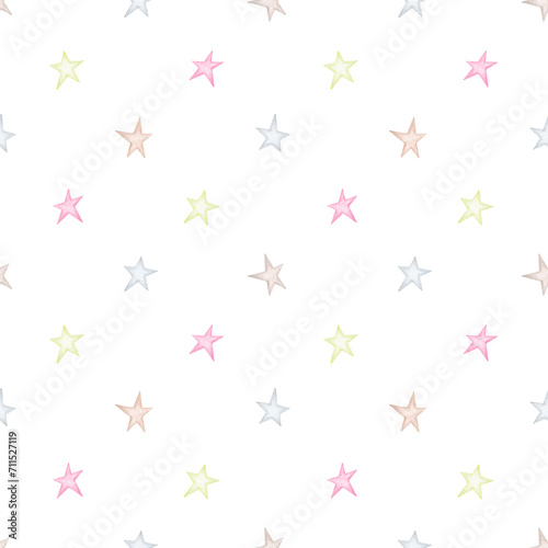 Delicate stars on a white background. Seamless watercolor pattern. Children's party, baby shower, birthday. Design for wallpaper, cards, wrapping paper, stationery.