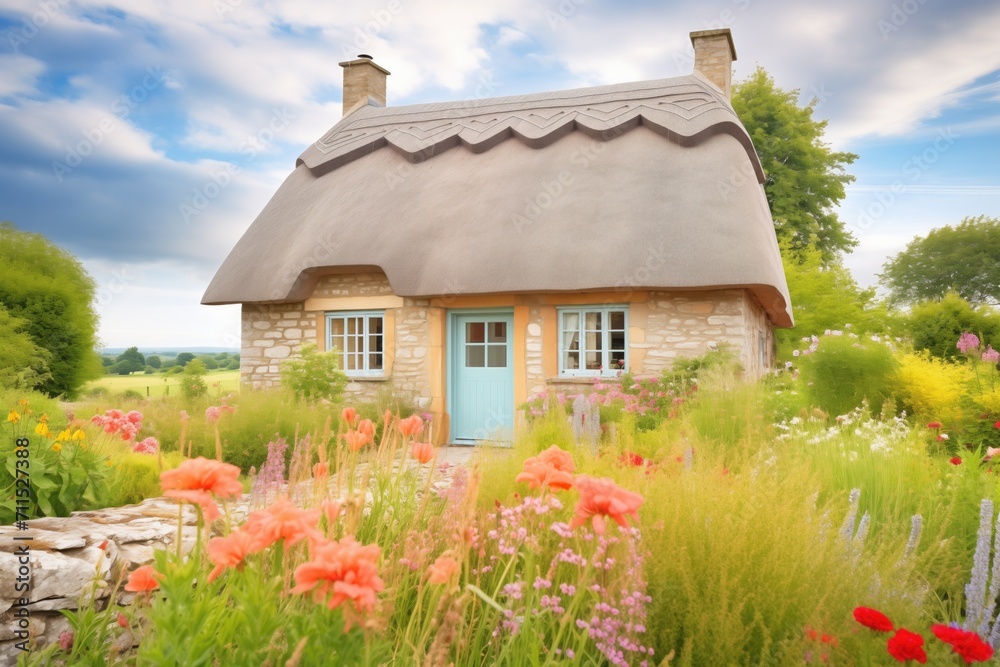stone cottage with thatched roof surrounded by wildflowers