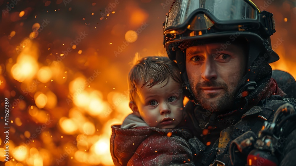 Brave firefighter rescuing a child amidst flames. courage and heroism in action. safety ensured. AI Brave firefighter rescuing a child amidst flames. courage and heroism in action. safety ensured. AI