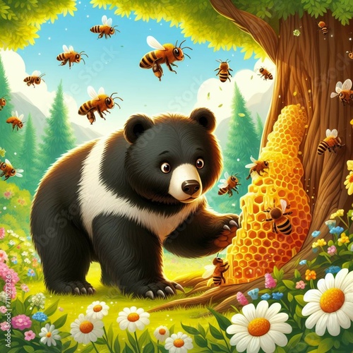   white  black  and brown bear in a beautiful forest with flowers. In a cave  there are bees attacking the bear while it tries to eat the honeycomb. The bees are trying to defend against the bear. 