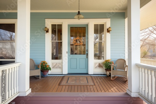 wooden central door  classic colonial  wraparound porch