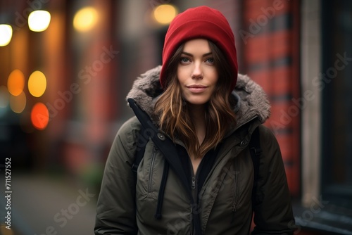 Beautiful young woman wearing winter coat and red hat in the city