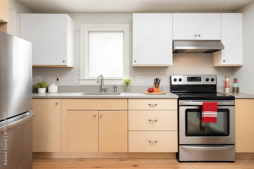 Fototapeta premium minimalist kitchen in a saltbox house with stainless appliances