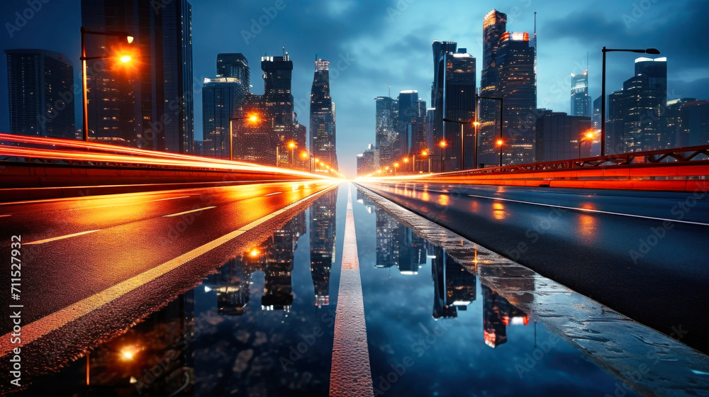 Fototapeta premium City Skyline With Skyscrapers and Lights Reflecting in Water