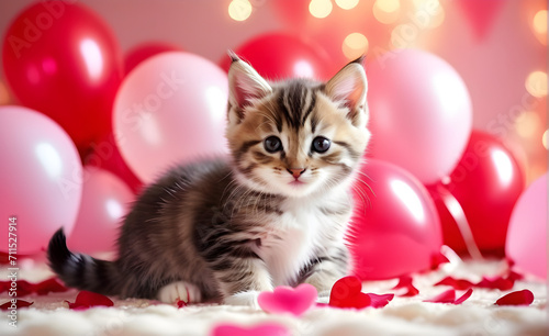 Kitten sitting amidst a sea of pink and red heart-shaped balloons, rose petals scattered around, romantic atmosphere, detailed texture of the cat's fur. Generative AI © 냥냥냥 난