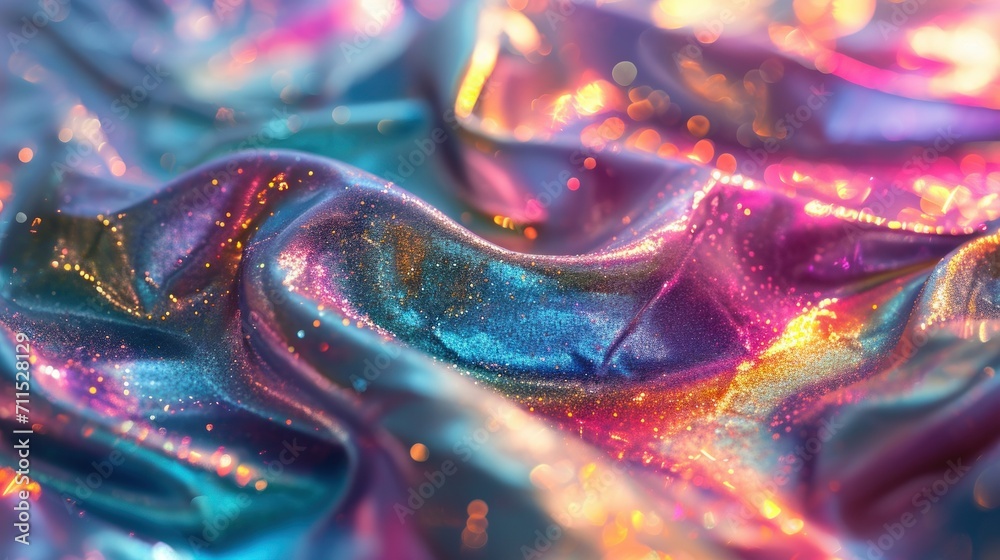 Iridescent fabric waves with vibrant colors and soft texture. Holographic fabric, shimmering texture. - obrazy, fototapety, plakaty 