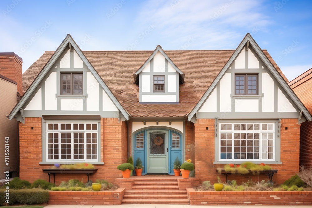 brick tudor with dormer windows and shutters