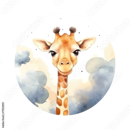Cute 3D little giraffe with big eyes kids cartoon illustration digital artwork isolated on white. Funny baby giraffe  hand drawn watercolor for package  postcard  brochure  book