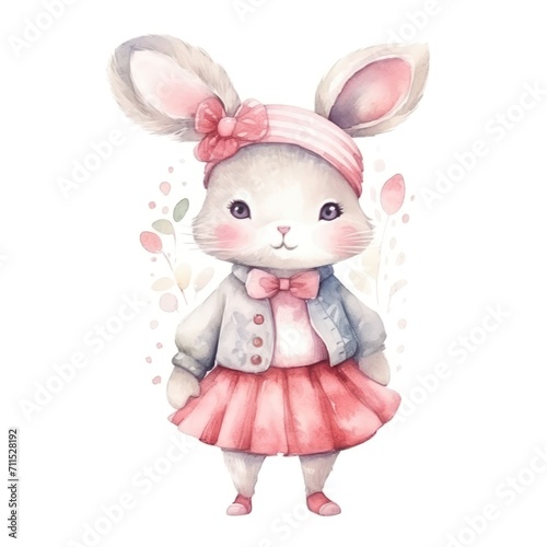 Fairytale cute little bunny with big eyes kids cartoon illustration isolated on white. Funny kitten, hand drawn watercolor vintage retro style, for package, postcard, brochure, book