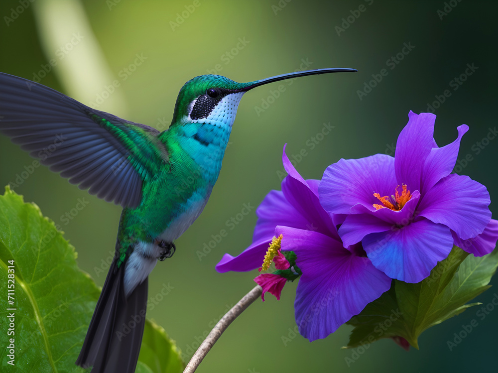 Un hermoso colibrí junto a una flor hibiscus. Vista de frente y de cerca. Copy space. IA Generativa Un hermoso colibrí junto a una flor hibiscus. Vista de frente y de cerca. Copy space. IA Generativa
