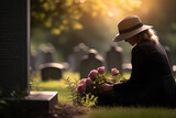 Widow at spouse's grave - laying flowers and engaging in quiet reflection - depicting a personal moment of loss and remembrance.