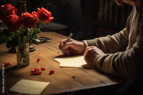 Individual writing a heartfelt letter to a deceased loved one - expressing deep feelings of loss - love - and longing in a private moment. photo