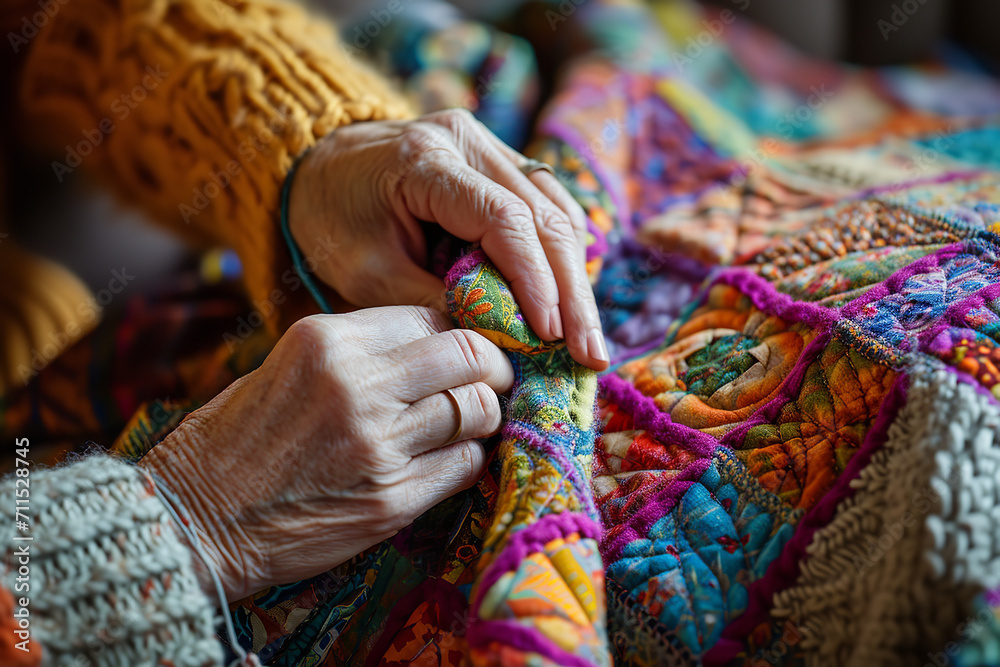 Individual knitting a quilt from fabrics with special memories - crafting a tangible keepsake to cherish the presence and love of a departed loved one. Individual knitting a quilt from fabrics with special memories - crafting a tangible keepsake to cherish the presence and love of a departed loved one.