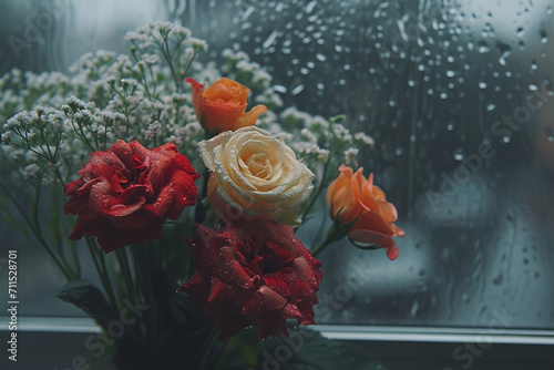 Bouquet of flowers on a rainy window sill - symbolizing the quiet sadness and inherent beauty in remembering and mourning a lost loved one.