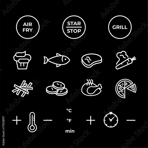 Simple icons set for Air Fryer panel.Technology display. Line vector