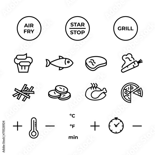 Simple icons set for Air Fryer panel.Technology display. Line vector photo