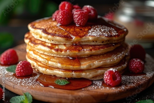 A stack of pancakes with syrup and raspberries.