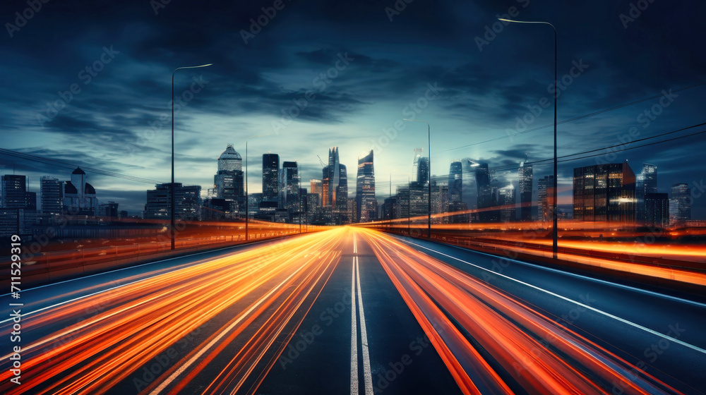 Nighttime City Skyline With Long Exposure, Blurred Lights, Selective Focus