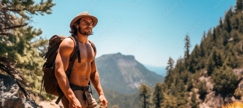 Mountain Trail Explorer: Adventurous Guy, Muscular and Handsome, Hiking up a Scenic Mountain Trail with a Straw Hat, Embarking on a Fitness Journey Amidst Nature's Beauty.	
