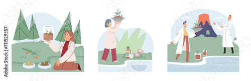 Scientific research. Vector illustration. Genetic research focuses on studying role genes in various biological processes Clinical research aims to evaluate effectiveness and safety medical treatments