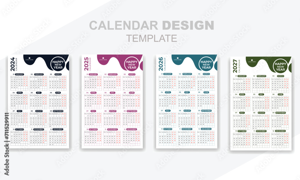 Vector set of minimal calendars design 2024, 2025, 2026, 2027 template