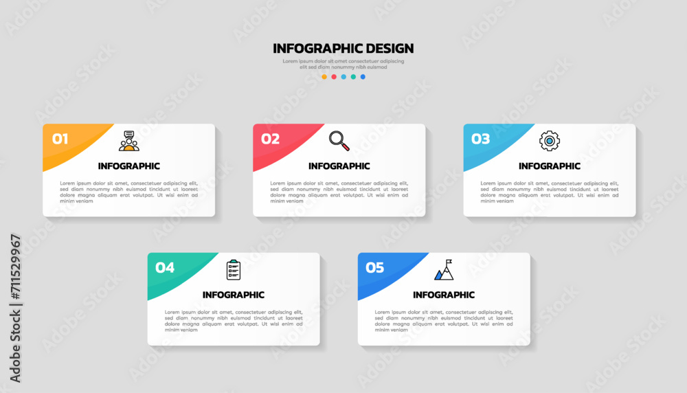 Modern business infographic template, square shape with 5 options or steps icons.