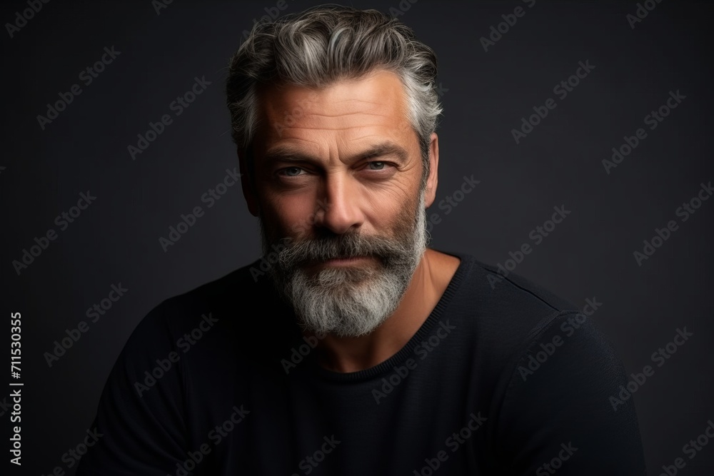 Portrait of a handsome mature man with grey beard and mustache.