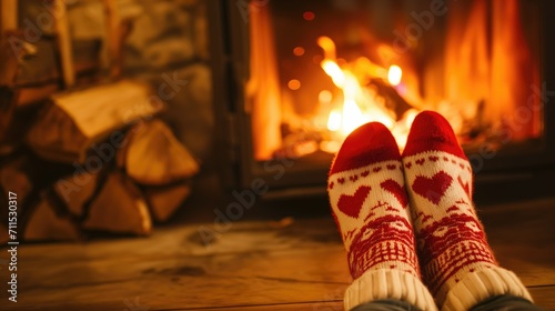 Close-up of heart-patterned socks by crackling fireplace