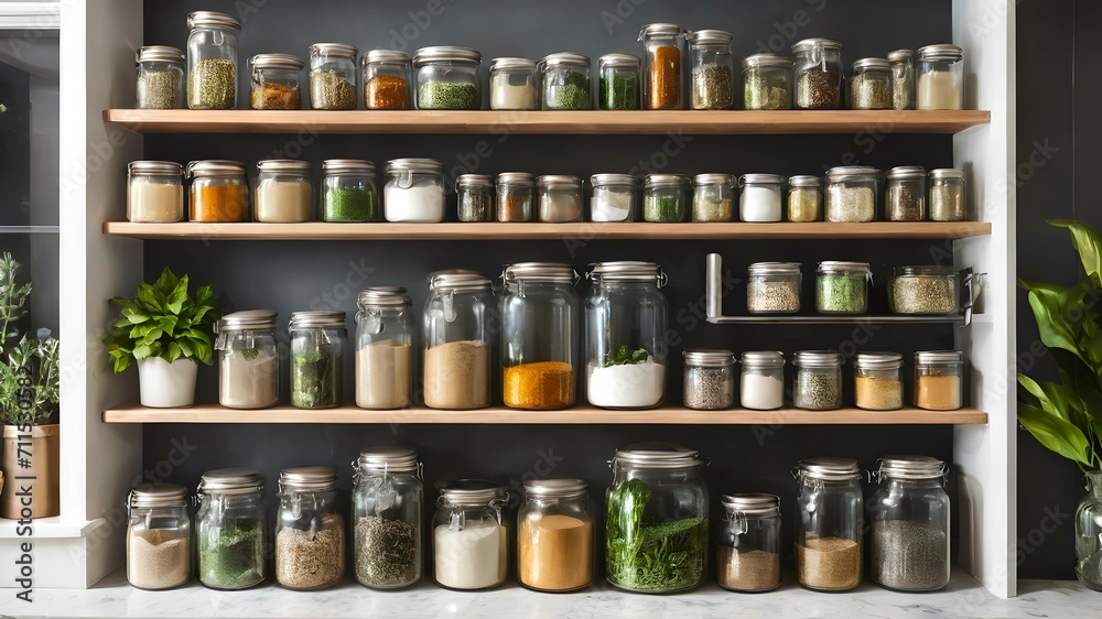 Shelves in the kitchen filled with spices, containers, cereals, and plants. Cooking mood Shelves in the kitchen filled with spices, containers, cereals, and plants. Cooking mood