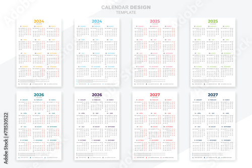 Vector bundle simple calendars template 2024, 2025, 2026, 2027, 2028, 2029, 2030 years design planner .