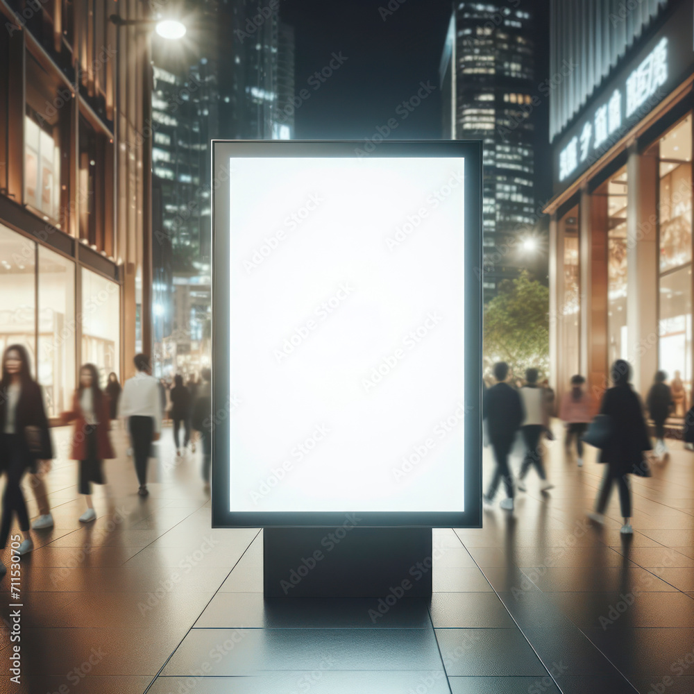 display blank clean screen mockup for offers in public area with blured people walking night background. ai generative display blank clean screen mockup for offers in public area with blured people walking night background. ai generative