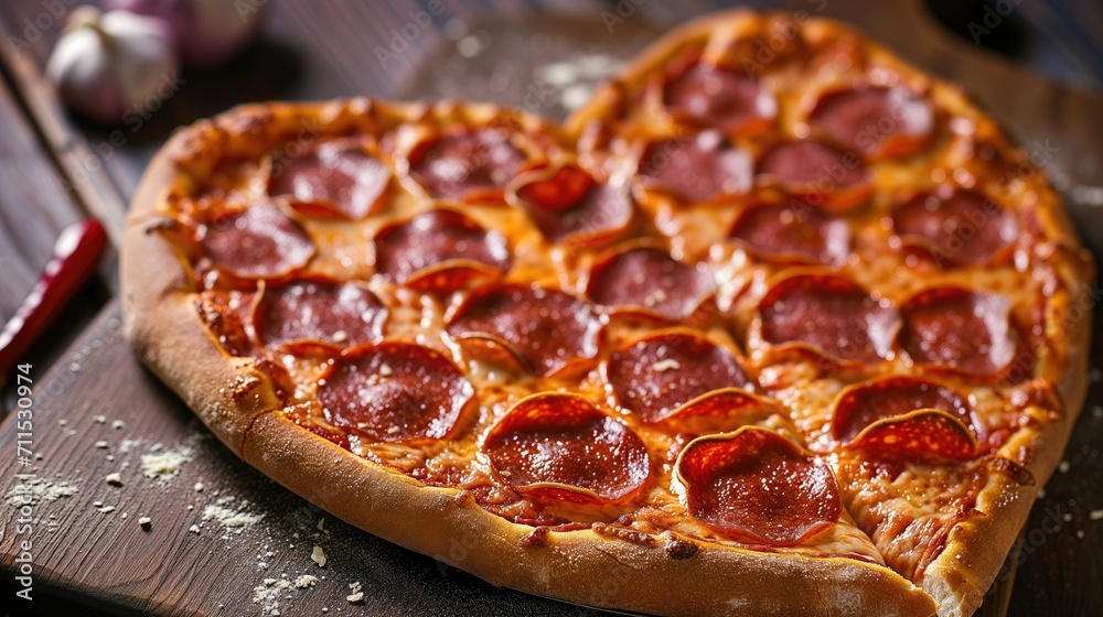 Close-up heart shaped pepperoni pizza. Close-up heart shaped pepperoni pizza.
