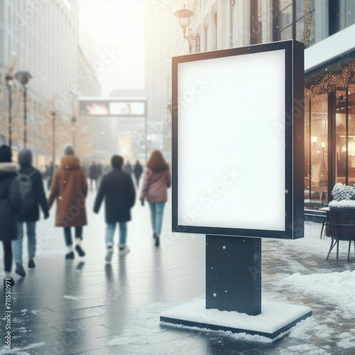 display blank clean screen mockup for offers in public area with blured people walking winter background. ai generative