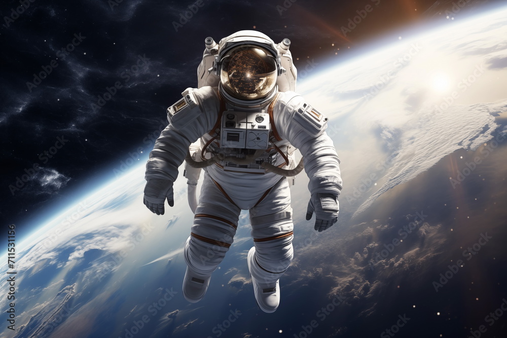 An astronaut floating in space, with a view of Earth in the background. Astronaut in outer space over the planet Earth. Generated AI.