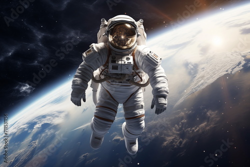 An astronaut floating in space  with a view of Earth in the background. Astronaut in outer space over the planet Earth. Generated AI.