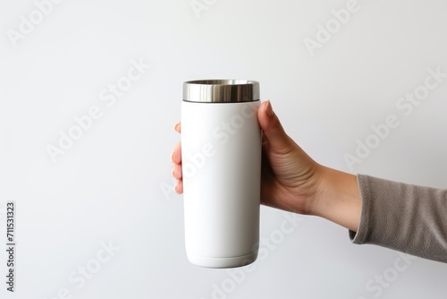 hand holding matte white Tumbler with lid vacuum Insulated. tumbler for mockup design photo