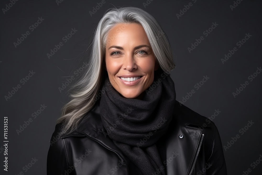Portrait of a beautiful middle-aged woman in a black leather jacket on a dark background Portrait of a beautiful middle-aged woman in a black leather jacket on a dark background