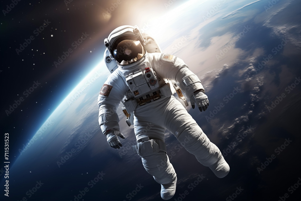 An astronaut floating in space, with a view of Earth in the background. Astronaut in outer space over the planet Earth. Generated AI. An astronaut floating in space, with a view of Earth in the background. Astronaut in outer space over the planet Earth. Generated AI.