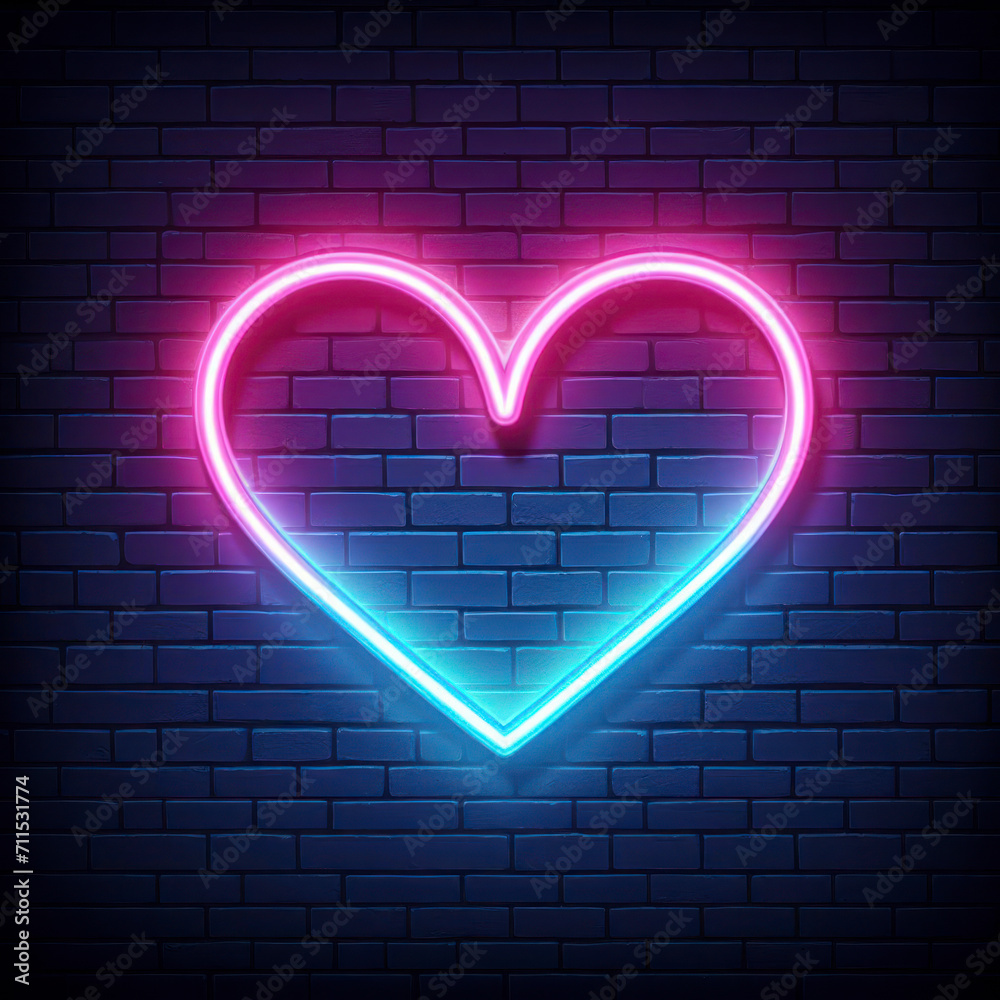 Neon heart with a glow on the background of a dark brick wall. Neon sign pink and blue. ai generative