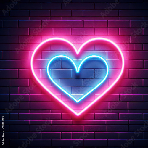 Neon heart with a glow on the background of a dark brick wall. Neon sign pink and blue. ai generative