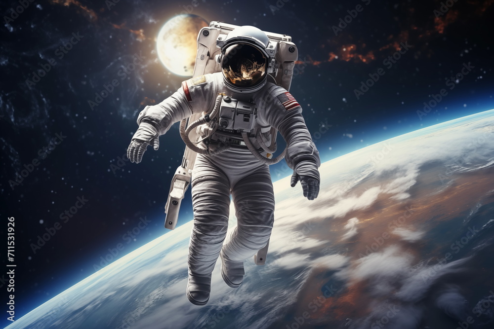 An astronaut floating in space, with a view of Earth in the background. Astronaut in outer space over the planet Earth. Generated AI.