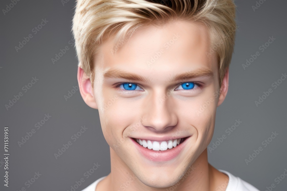 Portrait blond model smiling young man with blue eyes, white teeth, healthy hair and skin. Concept of studio shot of advertising a dentist and facial care. Generative AI Portrait blond model smiling young man with blue eyes, white teeth, healthy hair and skin. Concept of studio shot of advertising a dentist and facial care. Generative AI