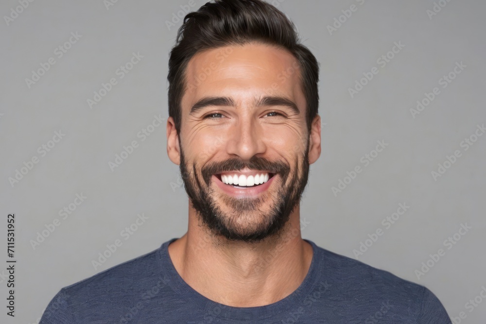 Portrait smiling brutal bearded man with white teeth, healthy hair and skin. Concept of studio shot of advertising a dentist and facial care. Generative AI Portrait smiling brutal bearded man with white teeth, healthy hair and skin. Concept of studio shot of advertising a dentist and facial care. Generative AI