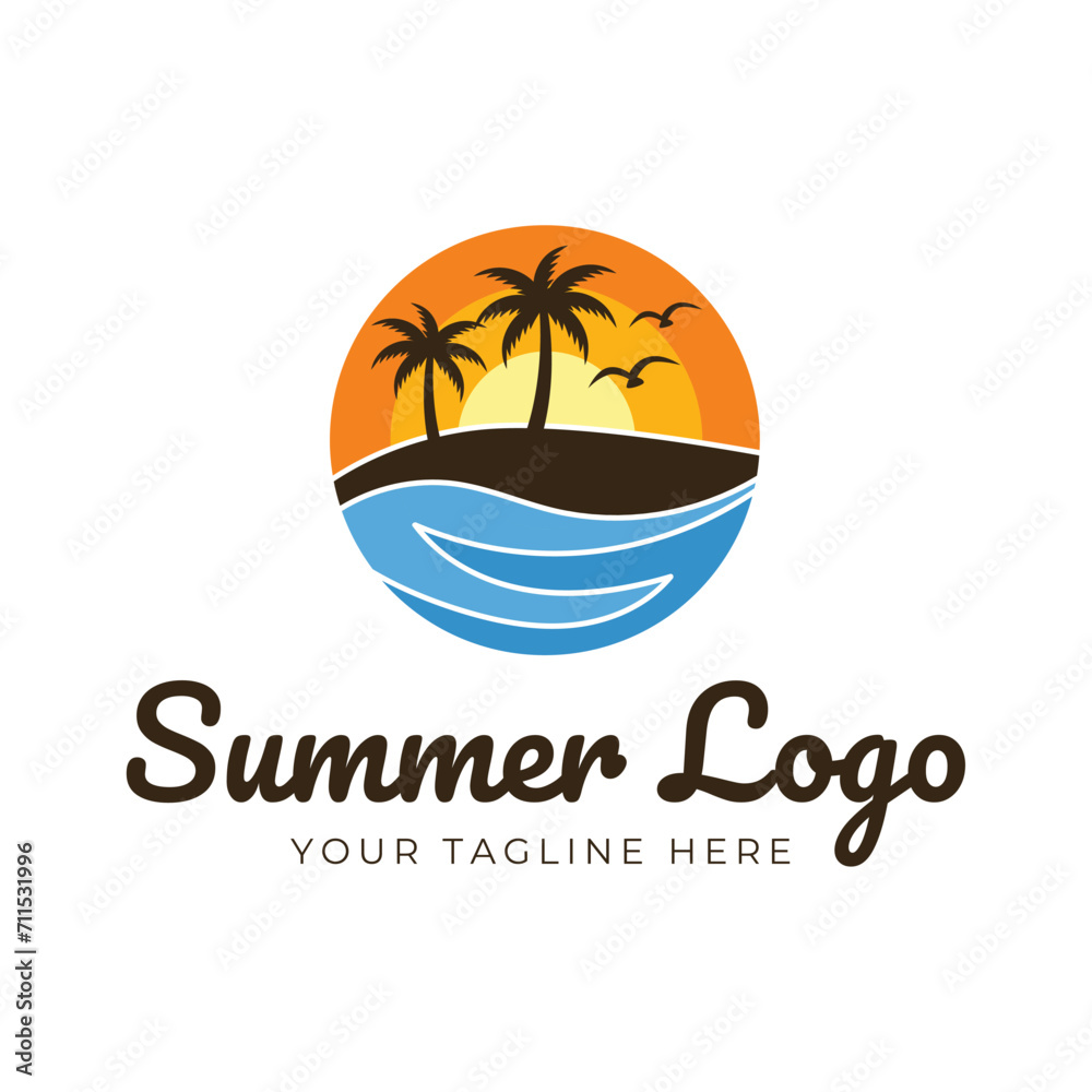 summer beach logo vector illustration. Sunset summer beach logo Vector