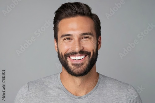 Portrait smiling brutal bearded man with white teeth, healthy hair and skin. Concept of studio shot of advertising a dentist and facial care. Generative AI
