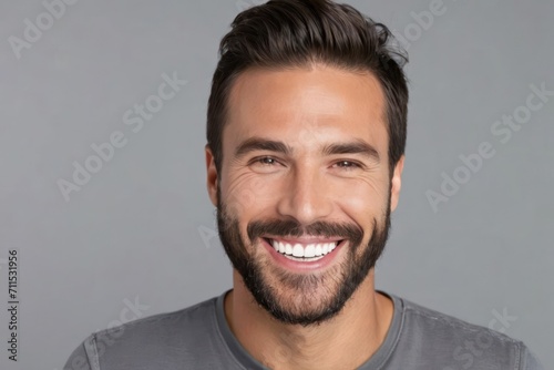 Portrait smiling brutal bearded man with white teeth, healthy hair and skin. Concept of studio shot of advertising a dentist and facial care. Generative AI photo