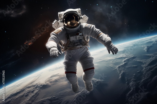 An astronaut floating in space, with a view of Earth in the background. Astronaut in outer space over the planet Earth. Generated AI.