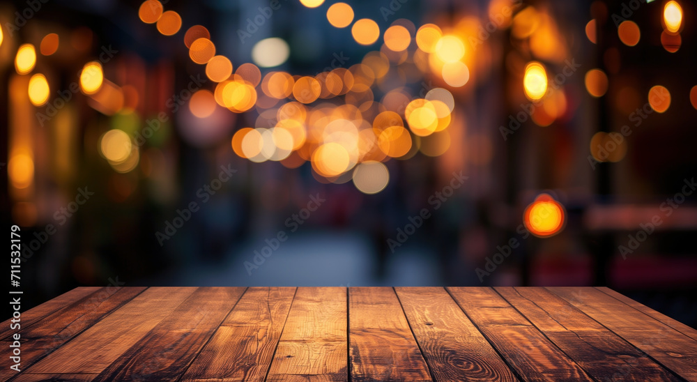 Warm Evening at the Cafe. An Empty Rustic Wooden Table at a Cozy Eatery Illuminated by Soft Glowing Lights