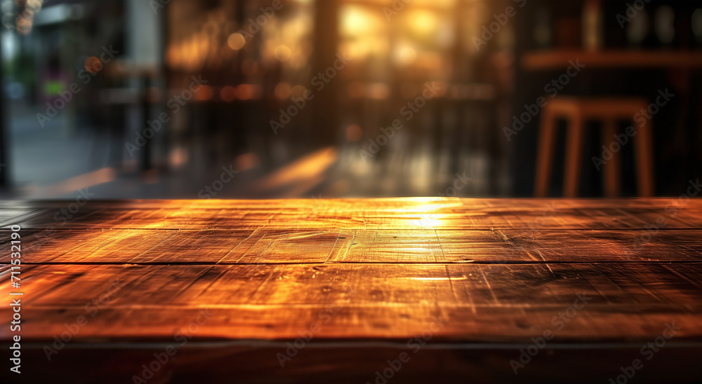Sunset Cafe Ambiance. A Warm Wooden Table Awaits in a Blurry Café Setting